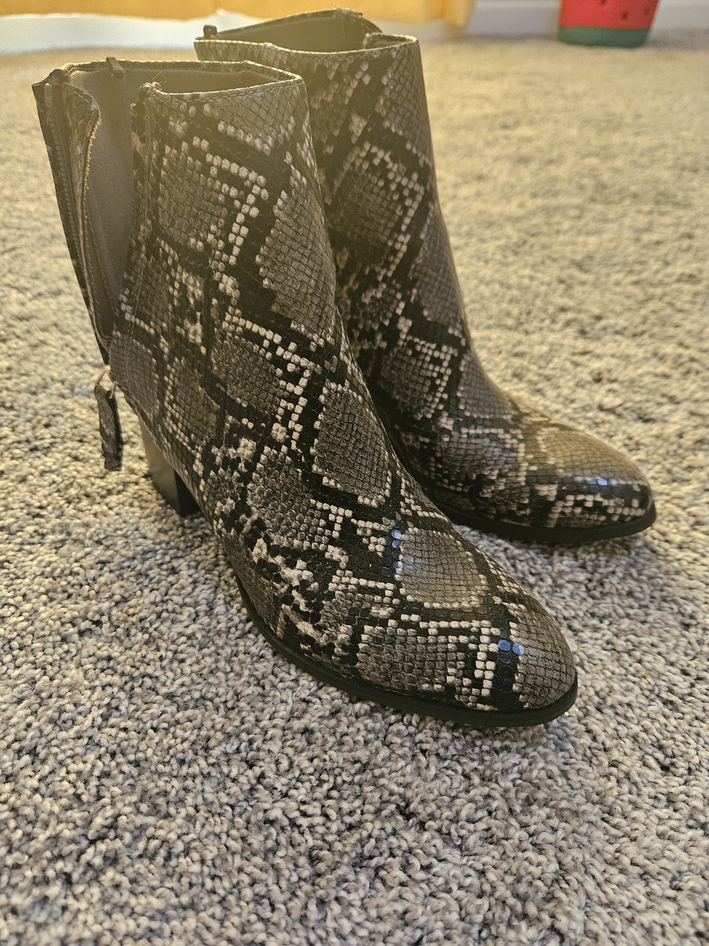 Old Navy Black and Gray Snake-Print Ankle Boots